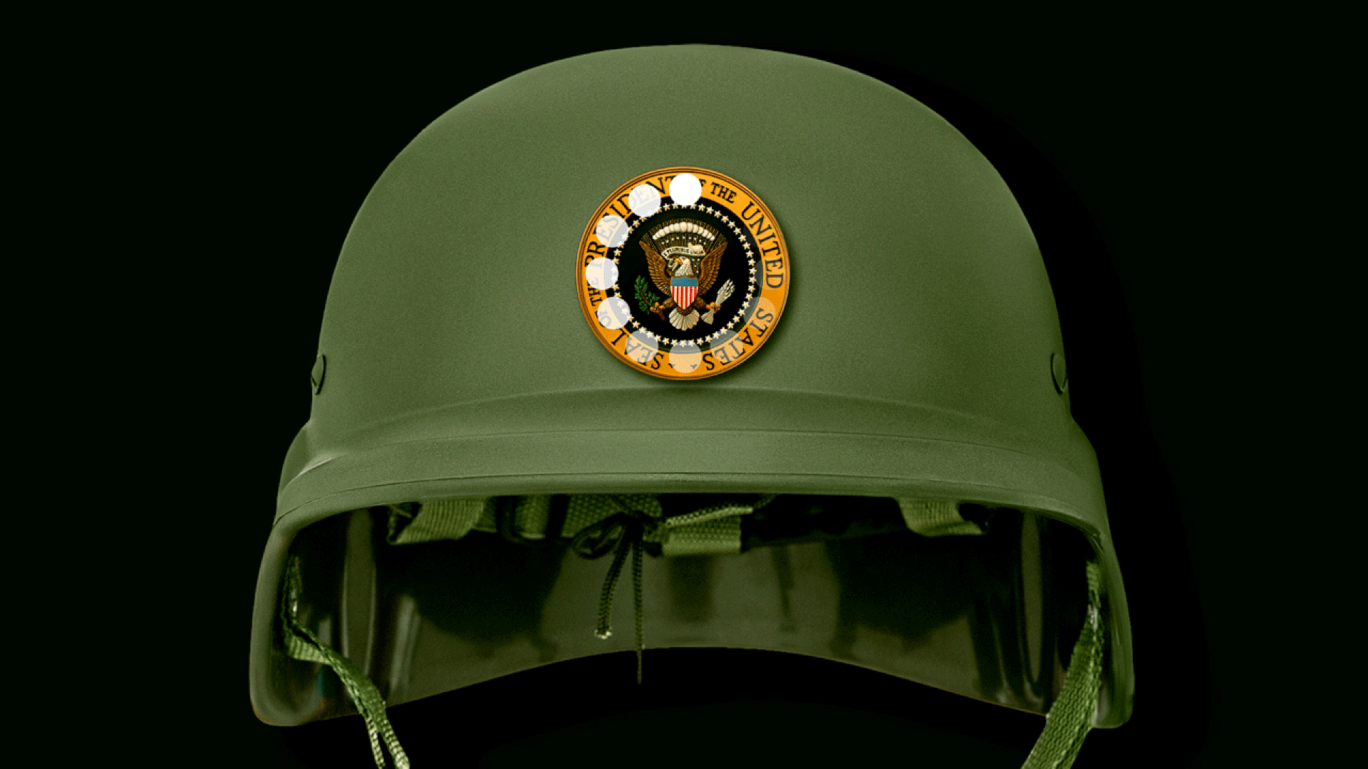 Animated illustration of an army helmet adorned with the presidential seal which holds a rotating loading icon spinning.