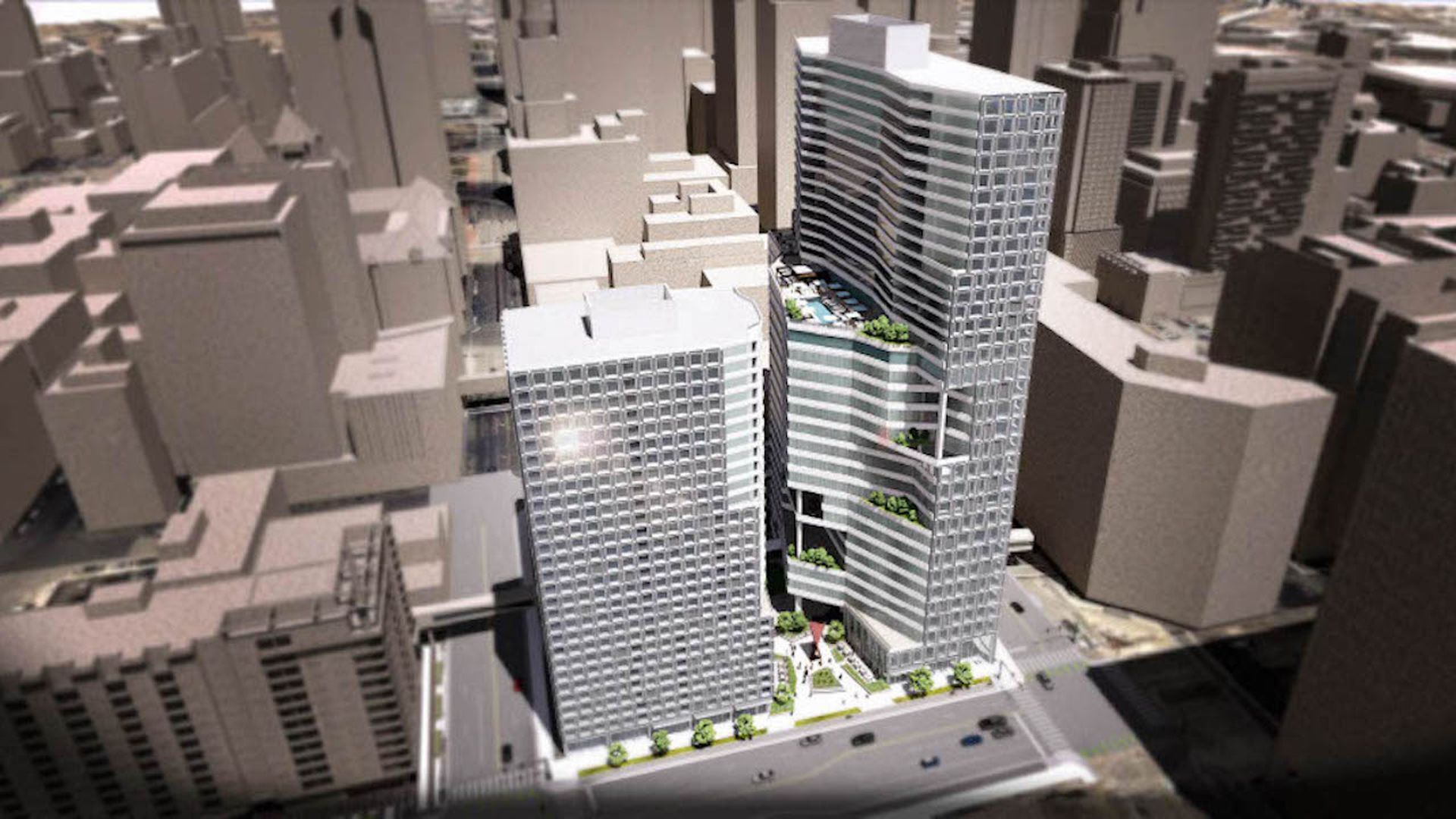 A rendering of two towers in downtown minneapolis 