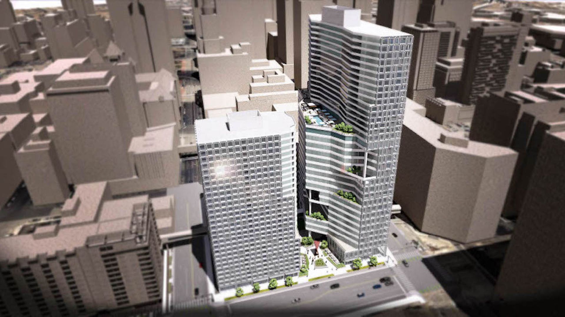 A rendering of two towers in downtown minneapolis