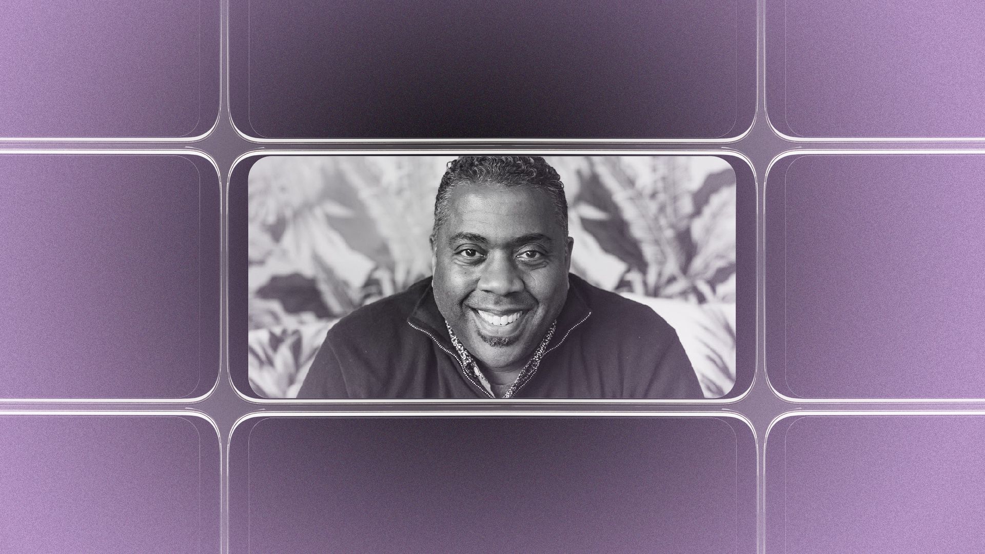 Photo illustration of a grid of smartphone screens, the center one showing an image of Randy Wilburn.