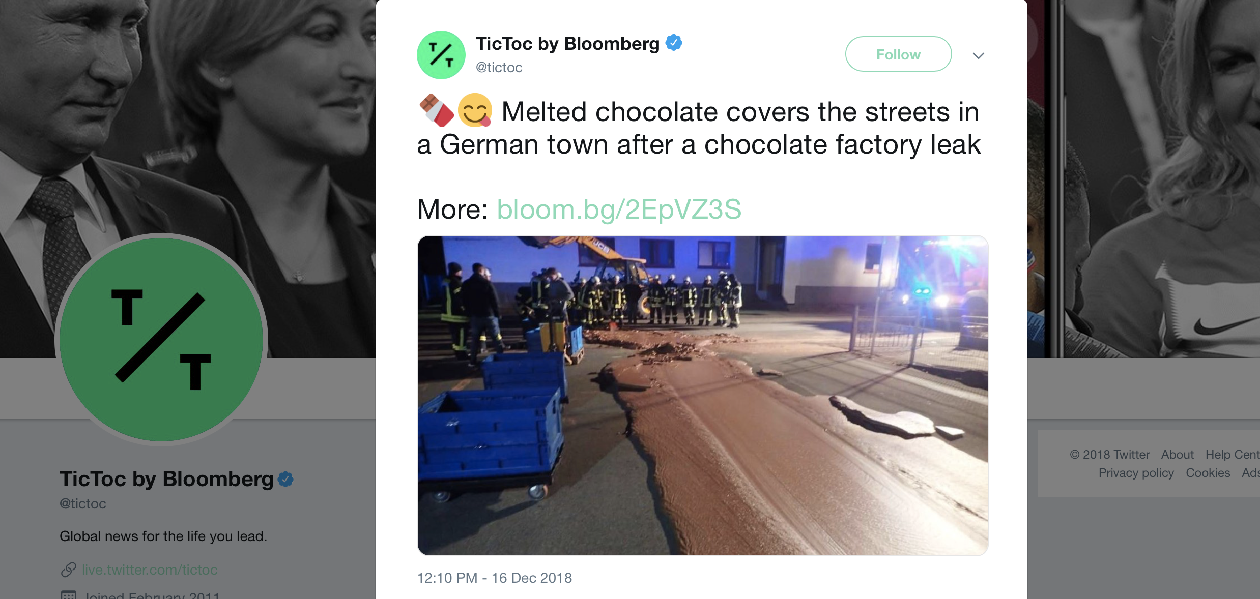 A tweet about chocolate leaking from a factory and pouring through the streets of a German town