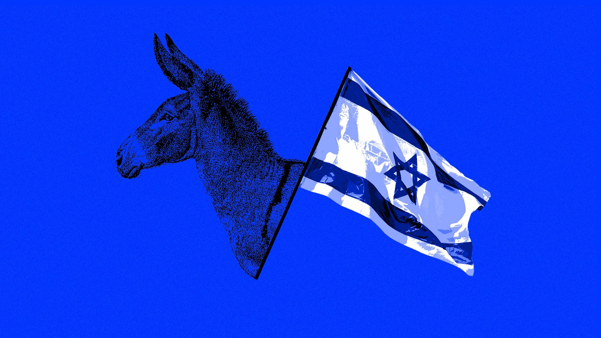 Illustration of a Democratic donkey and an Israeli flag.