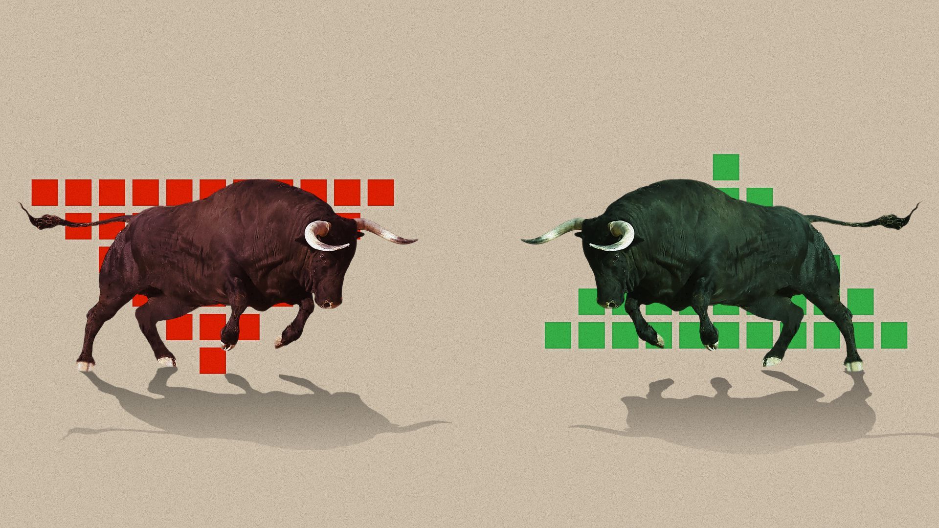 Illustration of two bulls charging each other with one in front of a stock market downward arrow and the other in front of an upward arrow.
