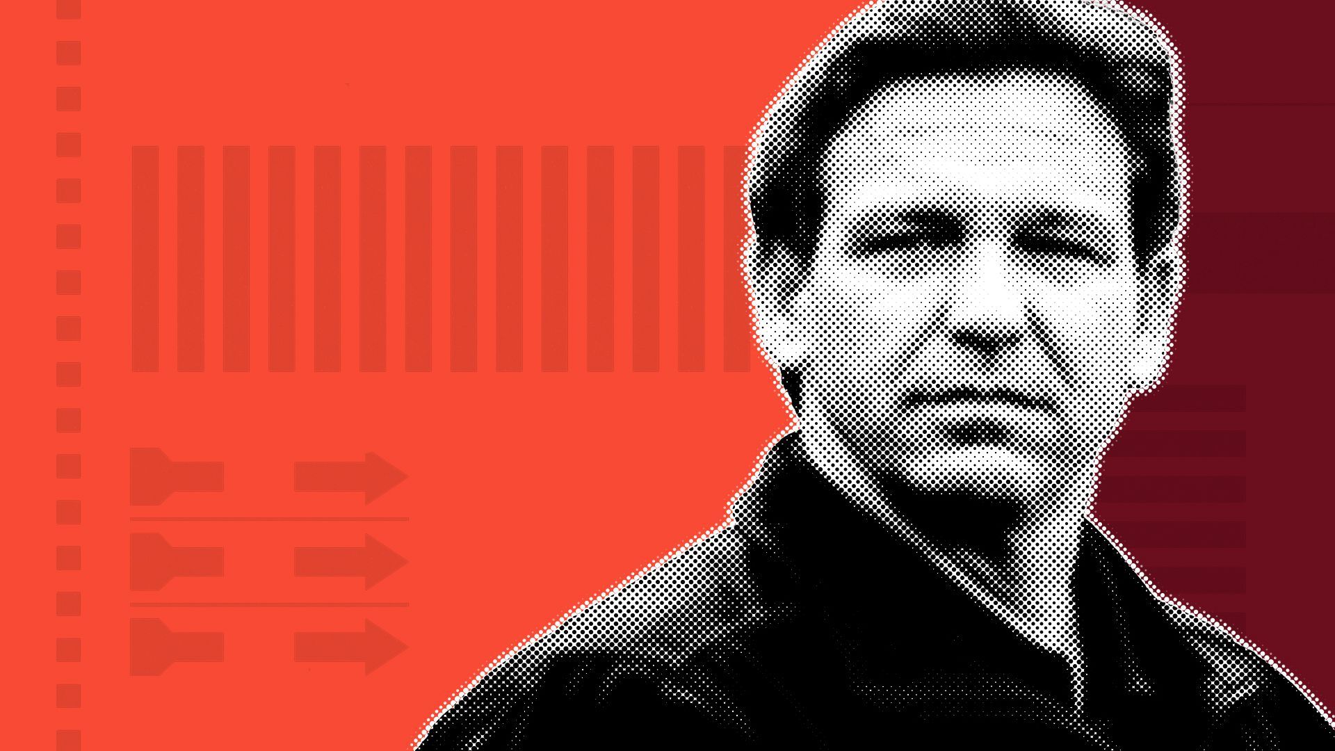 Photo illustration of Ron DeSantis over a red and burgundy background with elements of ballots.