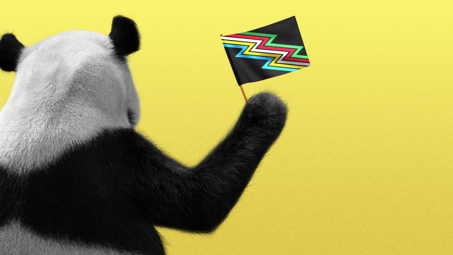 Illustration of a panda holding the disability pride flag.