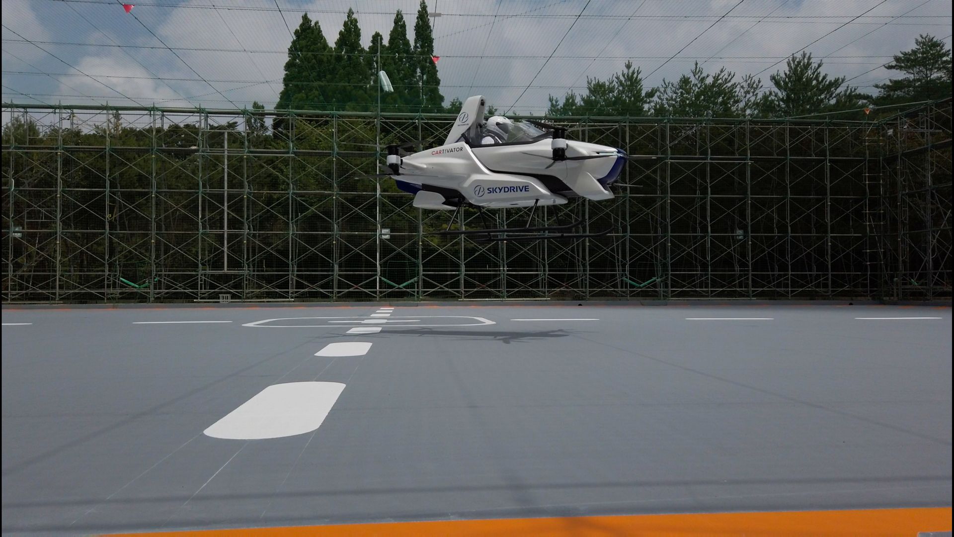 Photo of SkyDrive's SD-03 model, an electrical vertical takeoff and landing vehicle.