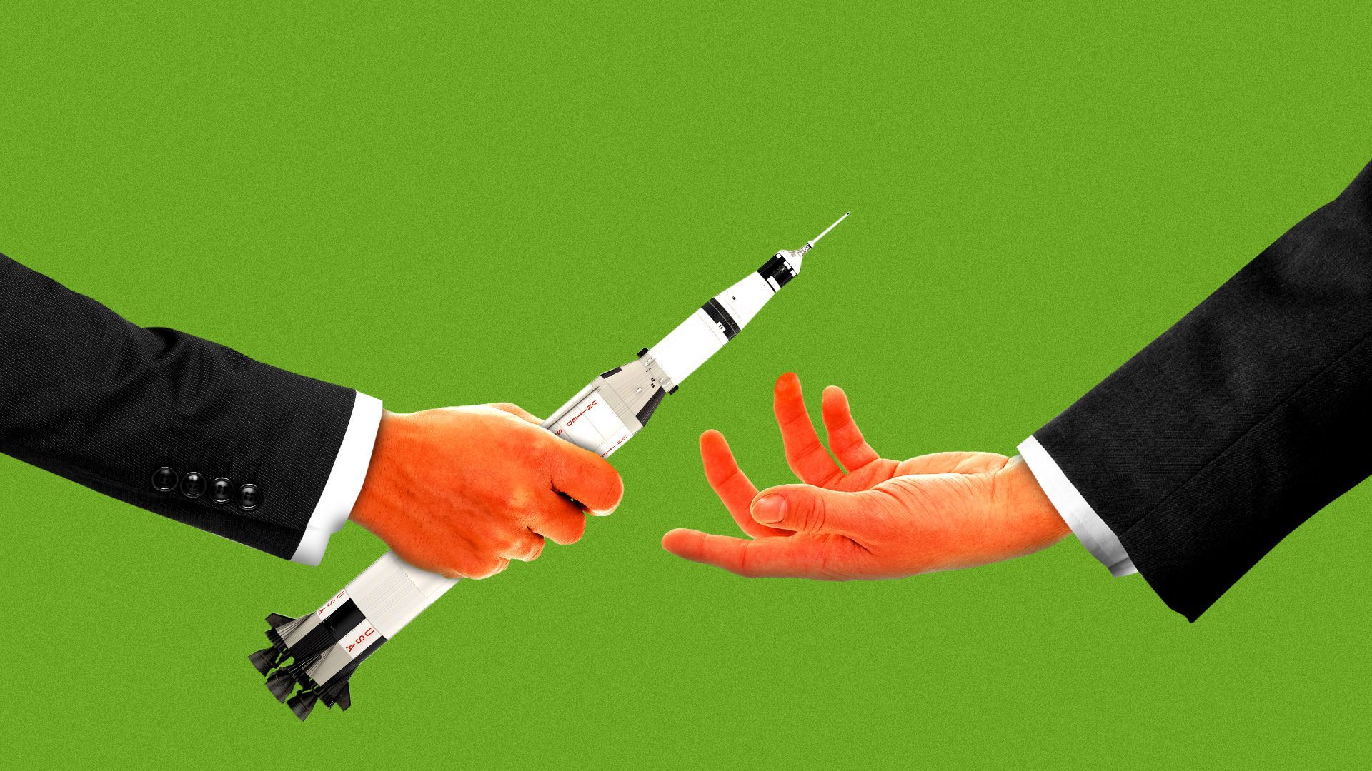 Illustration of two hands passing off a Saturn V rocket as if it were a baton. 