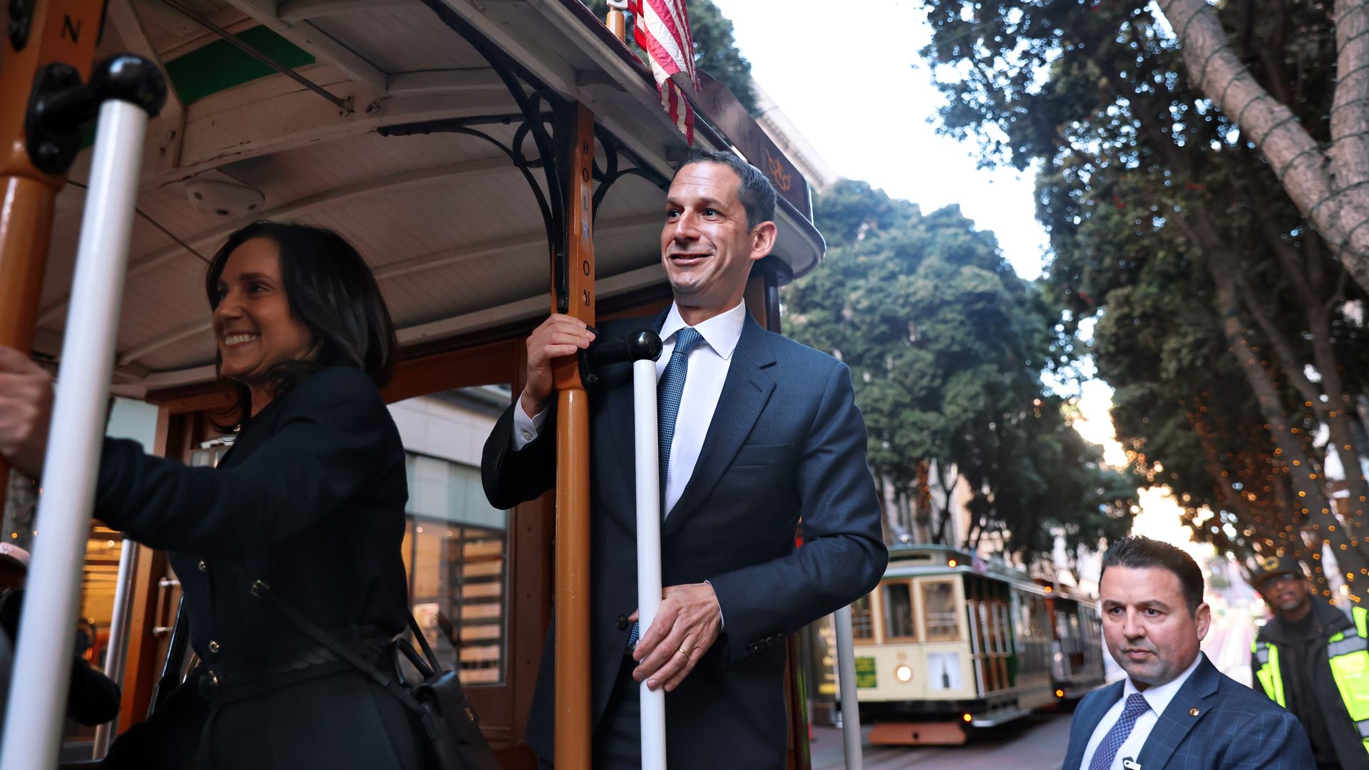 Mayor-elect Daniel Lurie rides a cable car with his wife Becca Prowda on their way to Ghirardelli Square before his inauguration in San Francisco on Wednesday, January 8, 2025. (Photo by Gabrielle Lurie/San Francisco Chronicle via Getty Images)