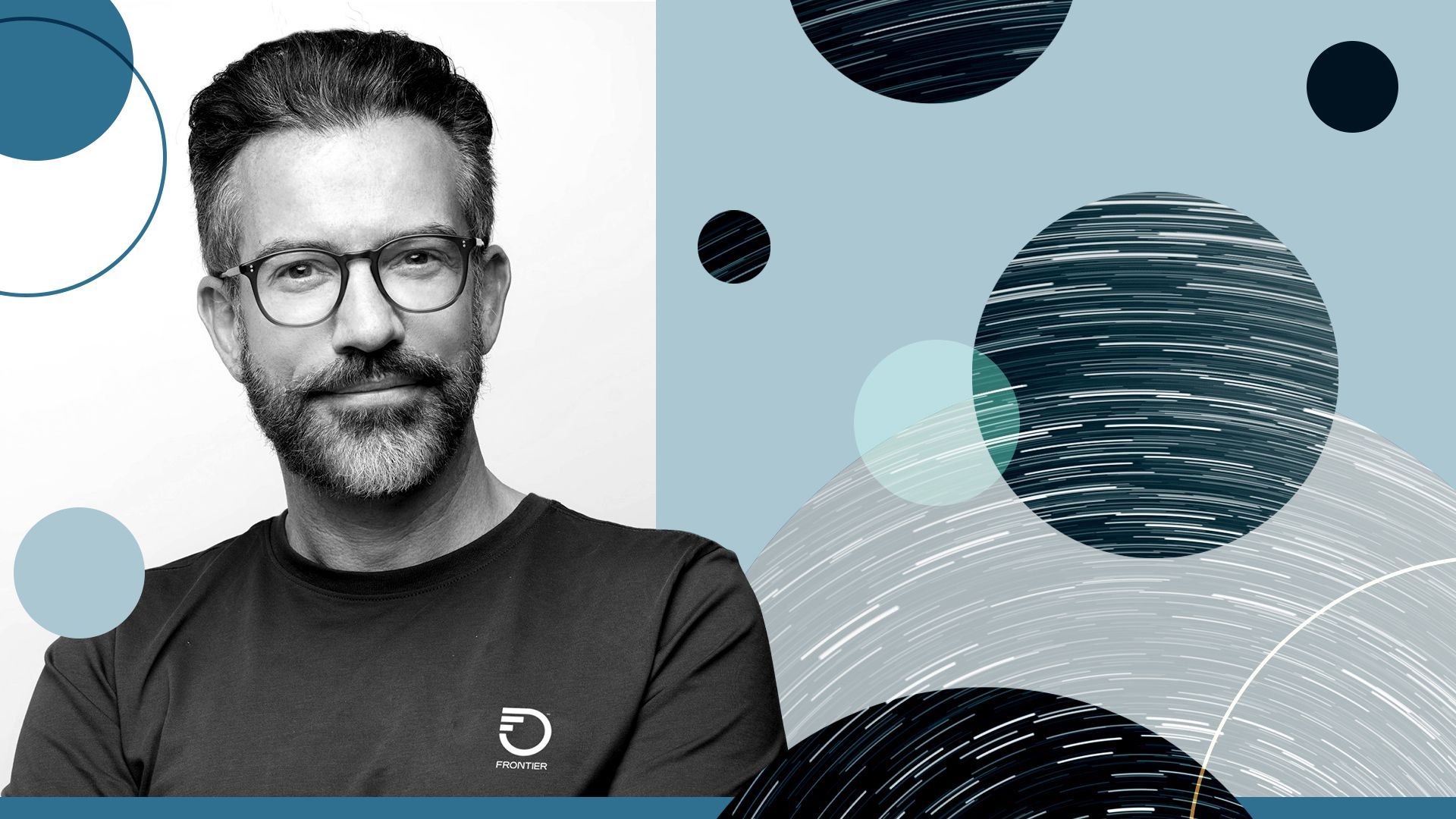 Photo illustration of Nick Jeffery, CEO of Frontier Communications, and abstract shapes.