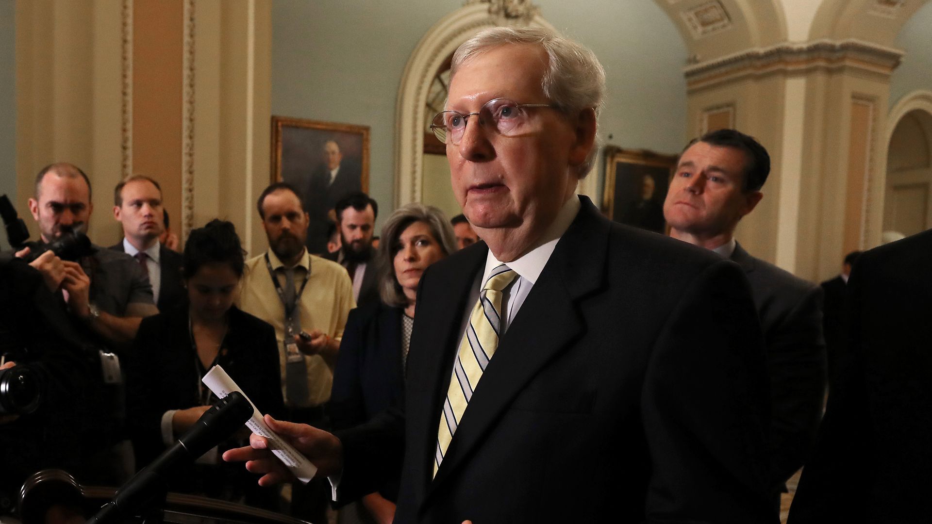 Senate Majority Leader Mitch McConnell (R-KY) speaks to the media after attending the Republican weekly policy luncheon on Capitol Hill, September 17