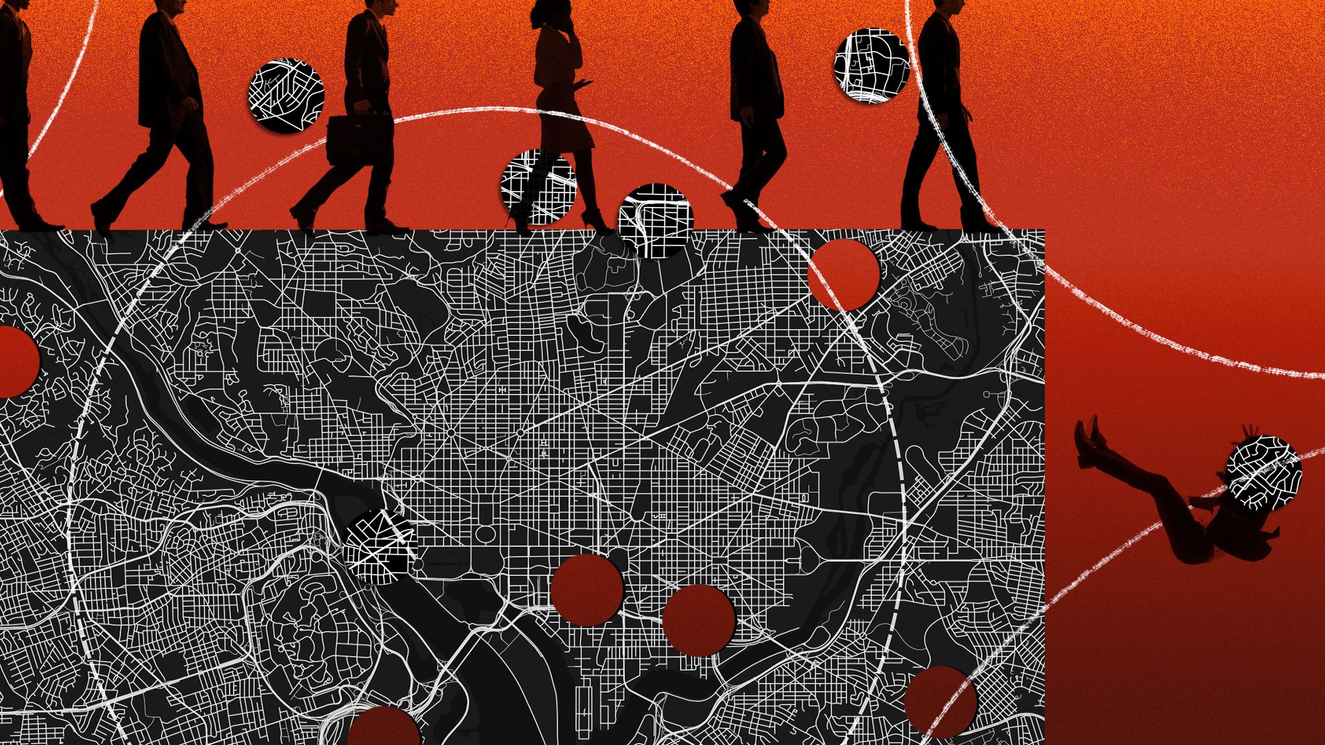 Illustrated collage showing a partial map of Washington D.C. with hole punches in various locations. On top of the map is a line of government employees with one falling off of the map. 