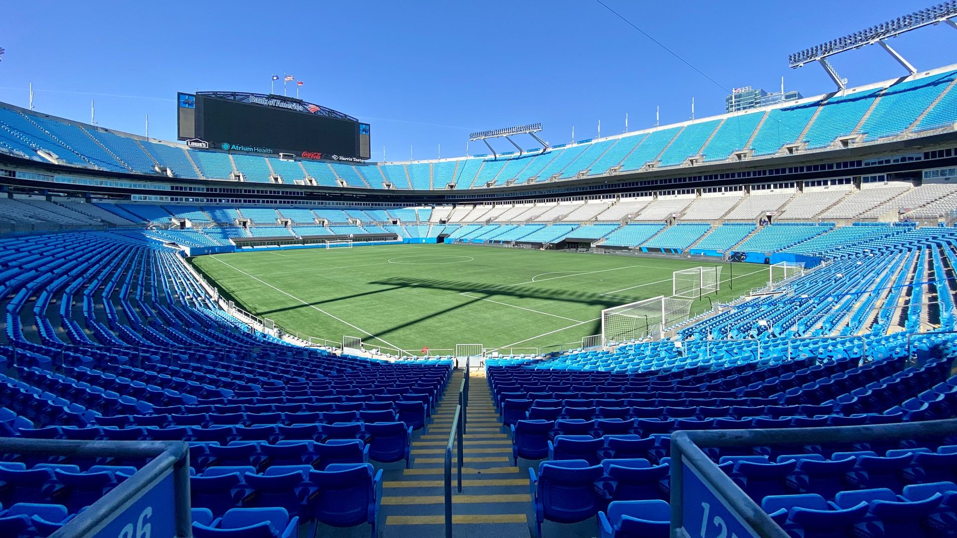 Bank of America Stadium painted with soccer lines. 