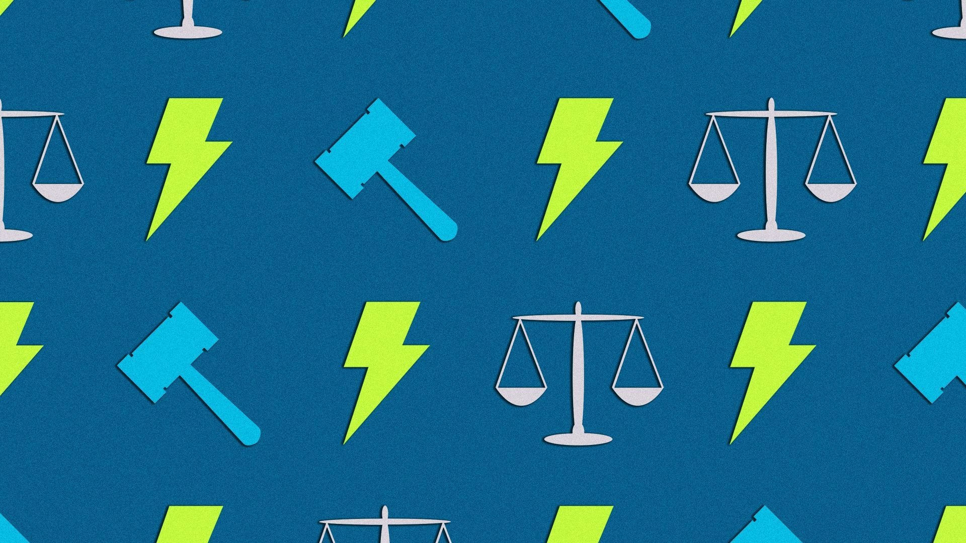 an illustration with repeating patterns of scales, gavels, and lightning bolts