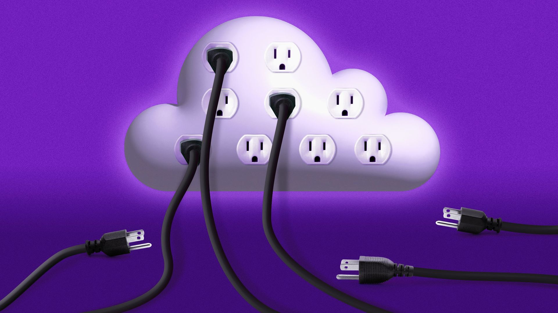 Illustration of a some plugs plugged into a cloud with outlets, and some plugs unplugged on the ground.