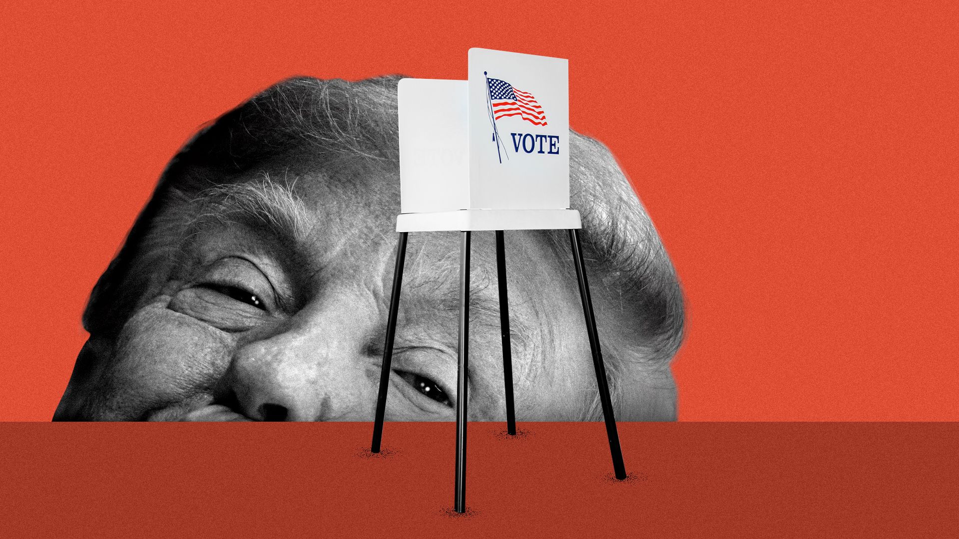 Photo illustration of Donald Trump peering underneath a voting booth.
