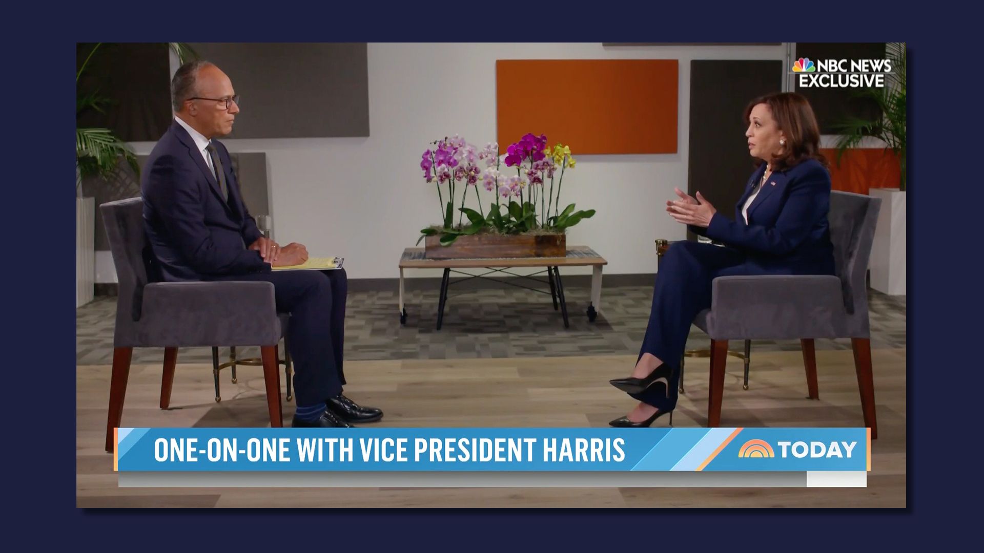 Vice President Kamala Harris is seen in a screenshot of her interview with NBC News anchor Lester Holt