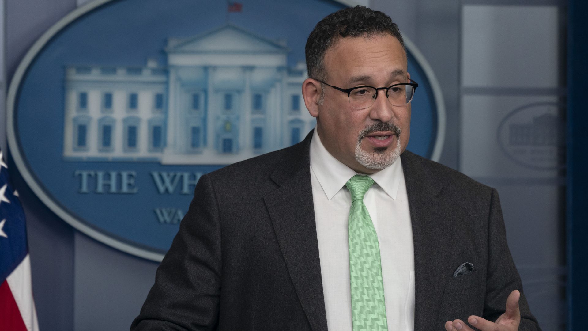 Education Secretary Miguel Cardona during a news conference in March 2021.