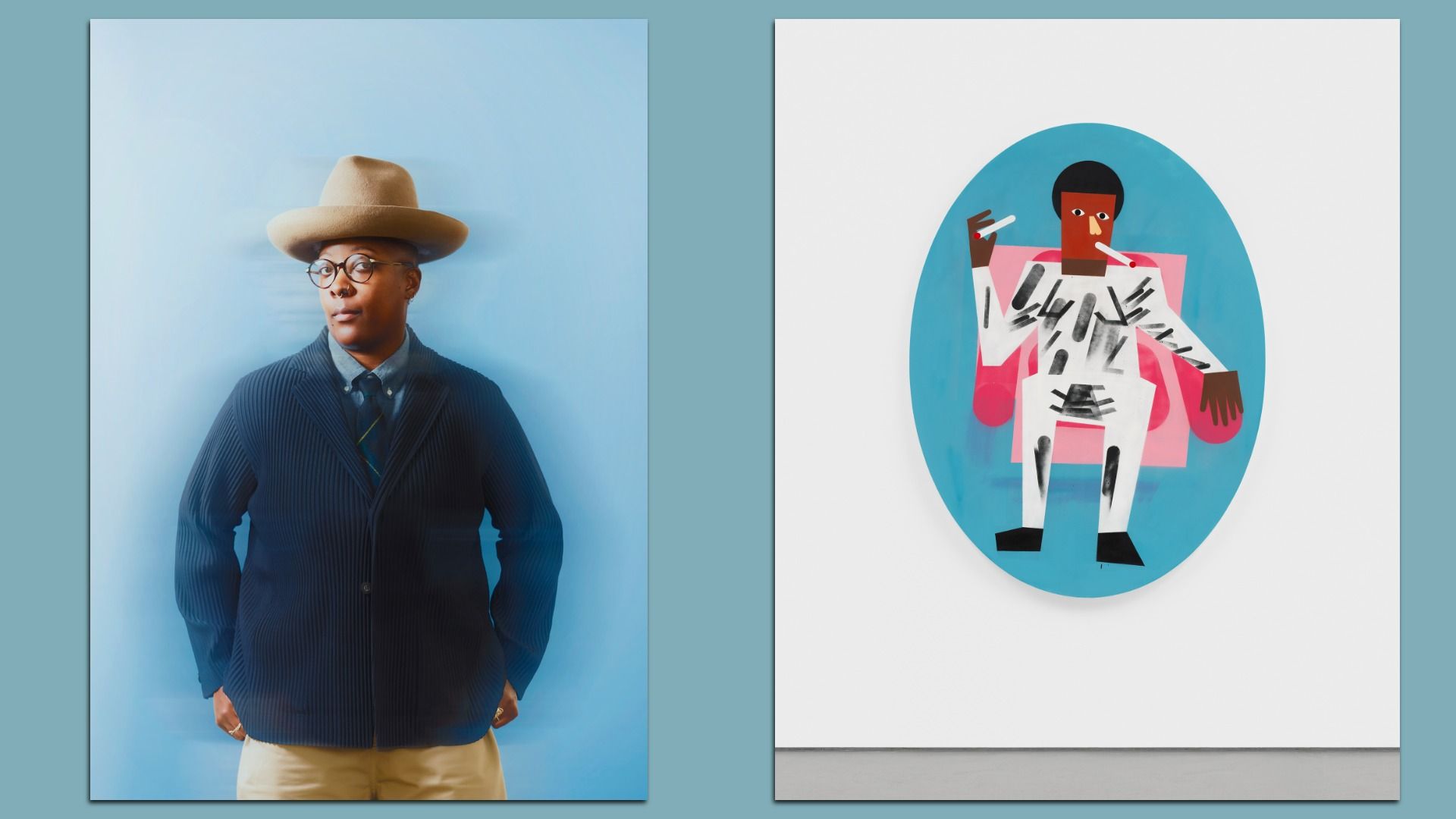 Left: Person wearing a beige hat, round glasses, navy pinstripe blazer, light blue shirt, and tie against a light blue background. Right: Colorful abstract painting of a person smoking, with blue, pink, white, and black shapes on white wall.