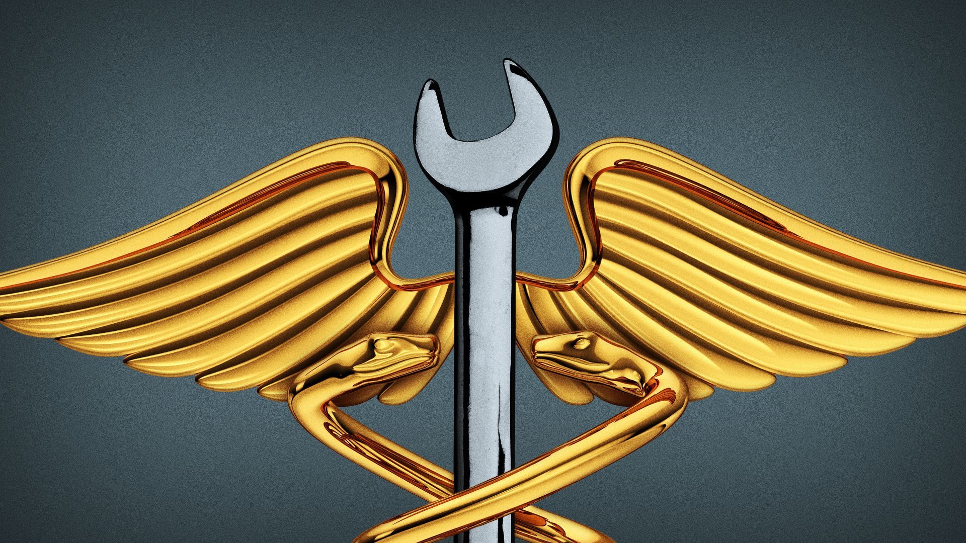 Illustration of a caduceus with a wrench in the center.