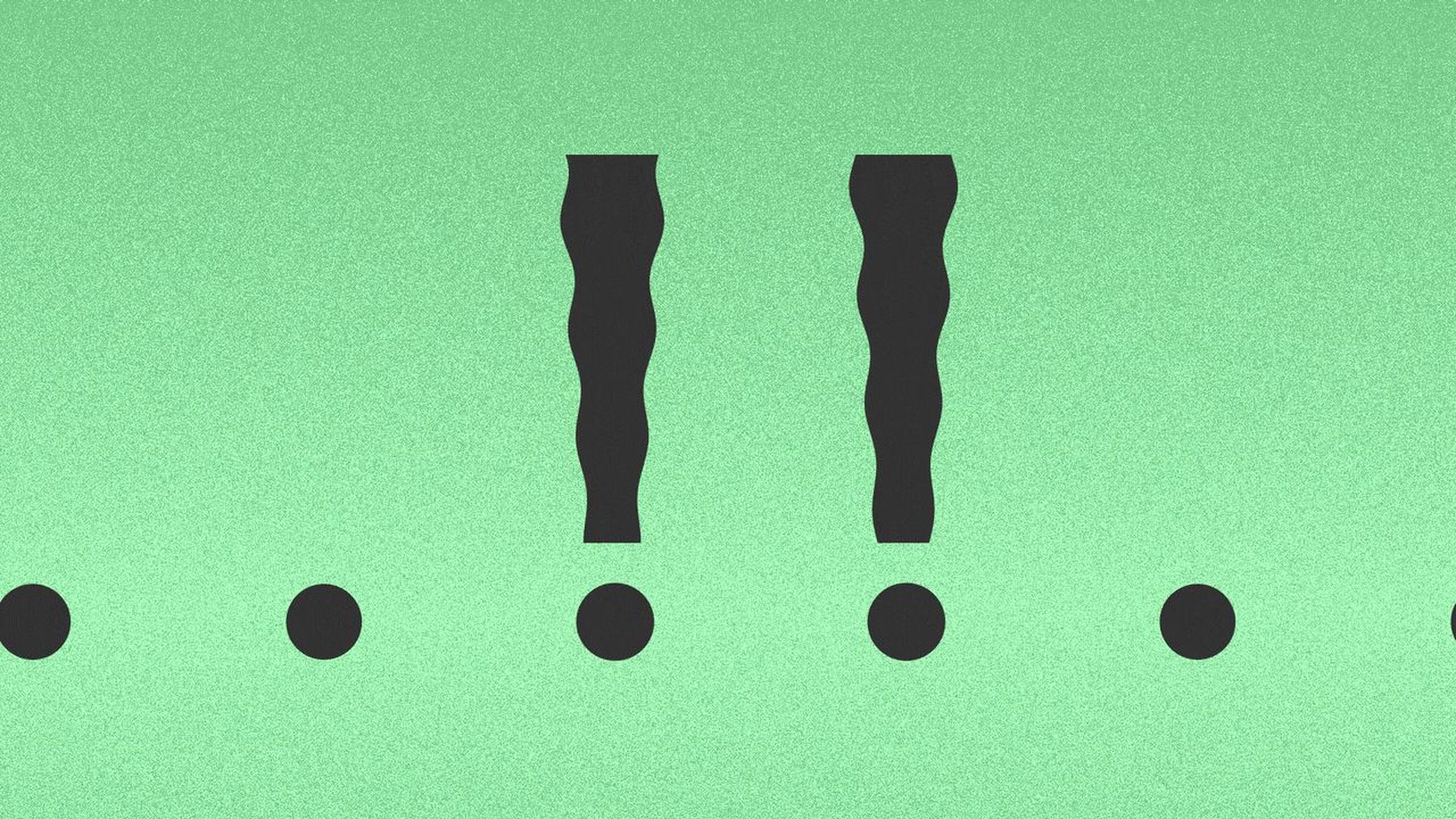 Illustration of a row of periods and two exclamation points.