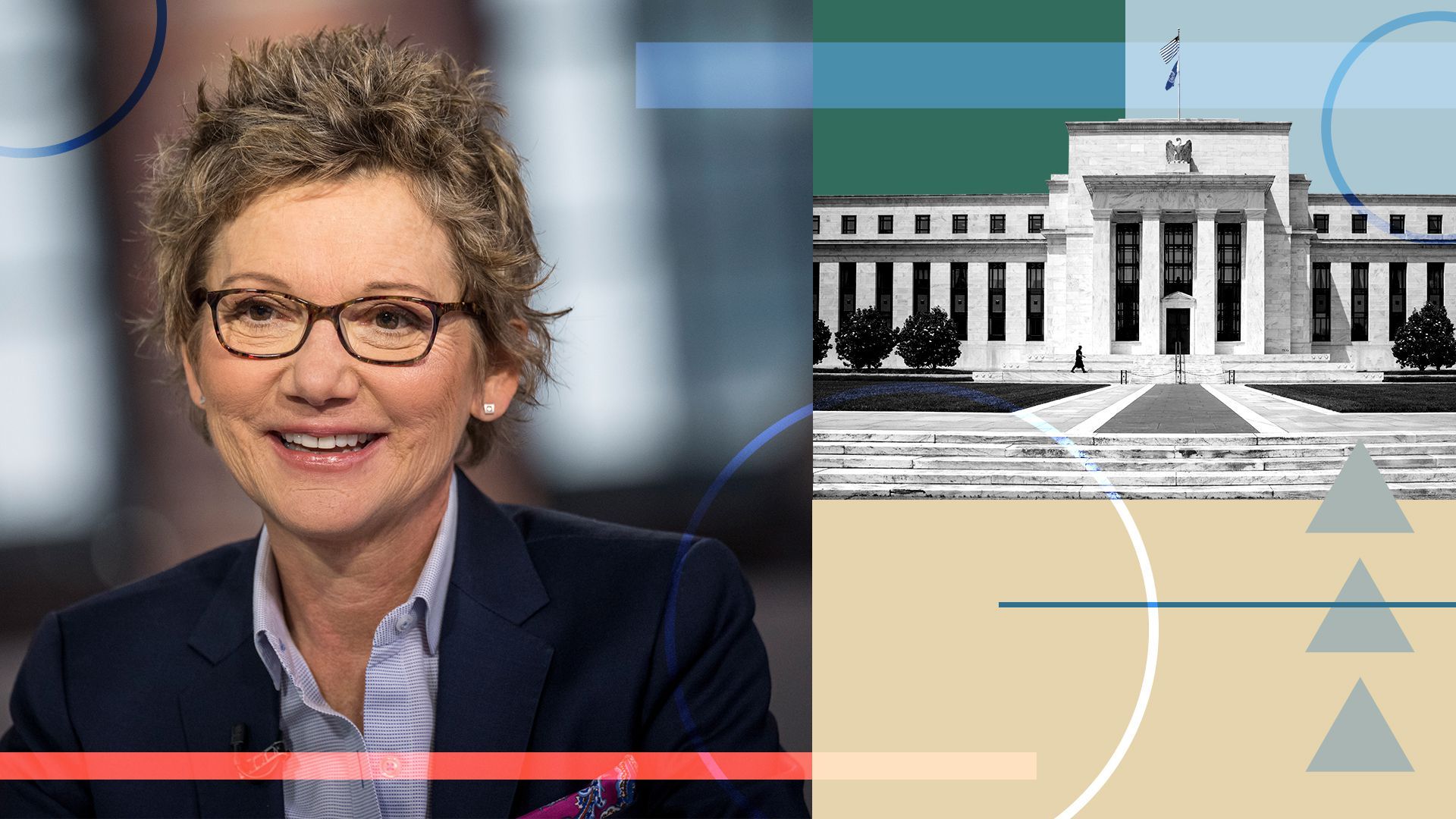 Photo illustration of Mary Daly, the Federal Reserve building and abstract shapes.