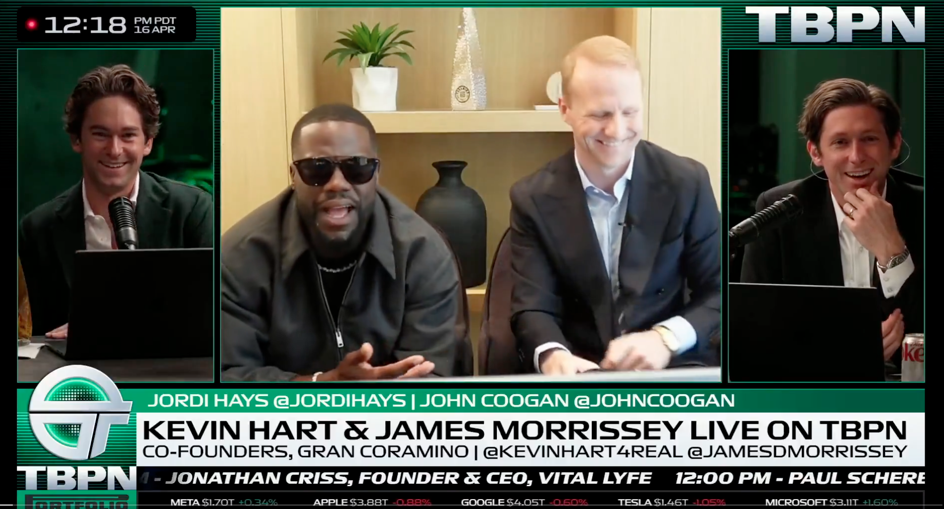 Three-panel broadcast: left and right hosts with mics, center two men in suits at a desk smiling; green TBPN graphics and bottom ticker reading KEVIN HART & JAMES MORRISSEY LIVE ON TBPN.