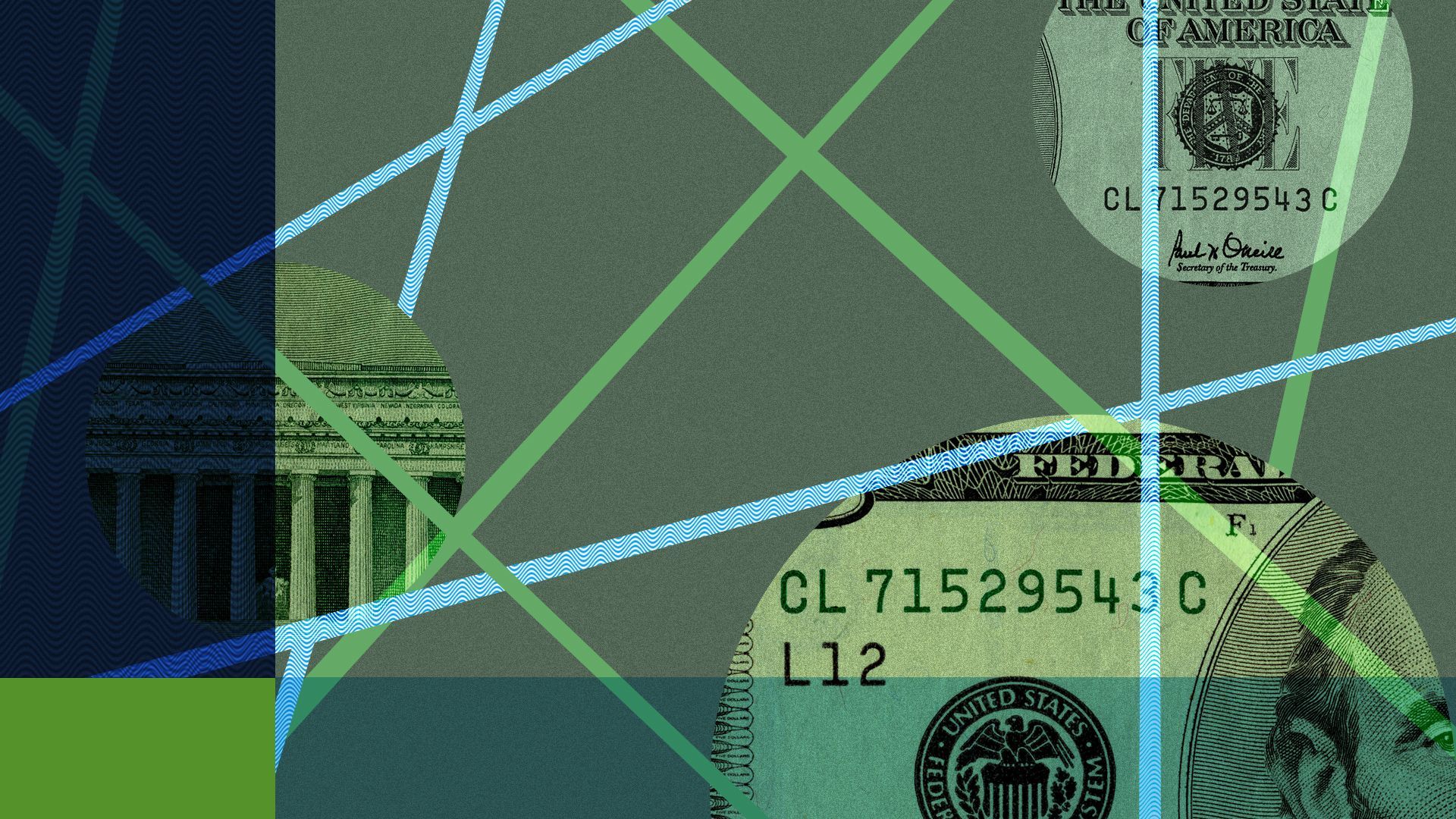 Illustration of a lines stylized as lasers surrounded by pieces of money and various shapes