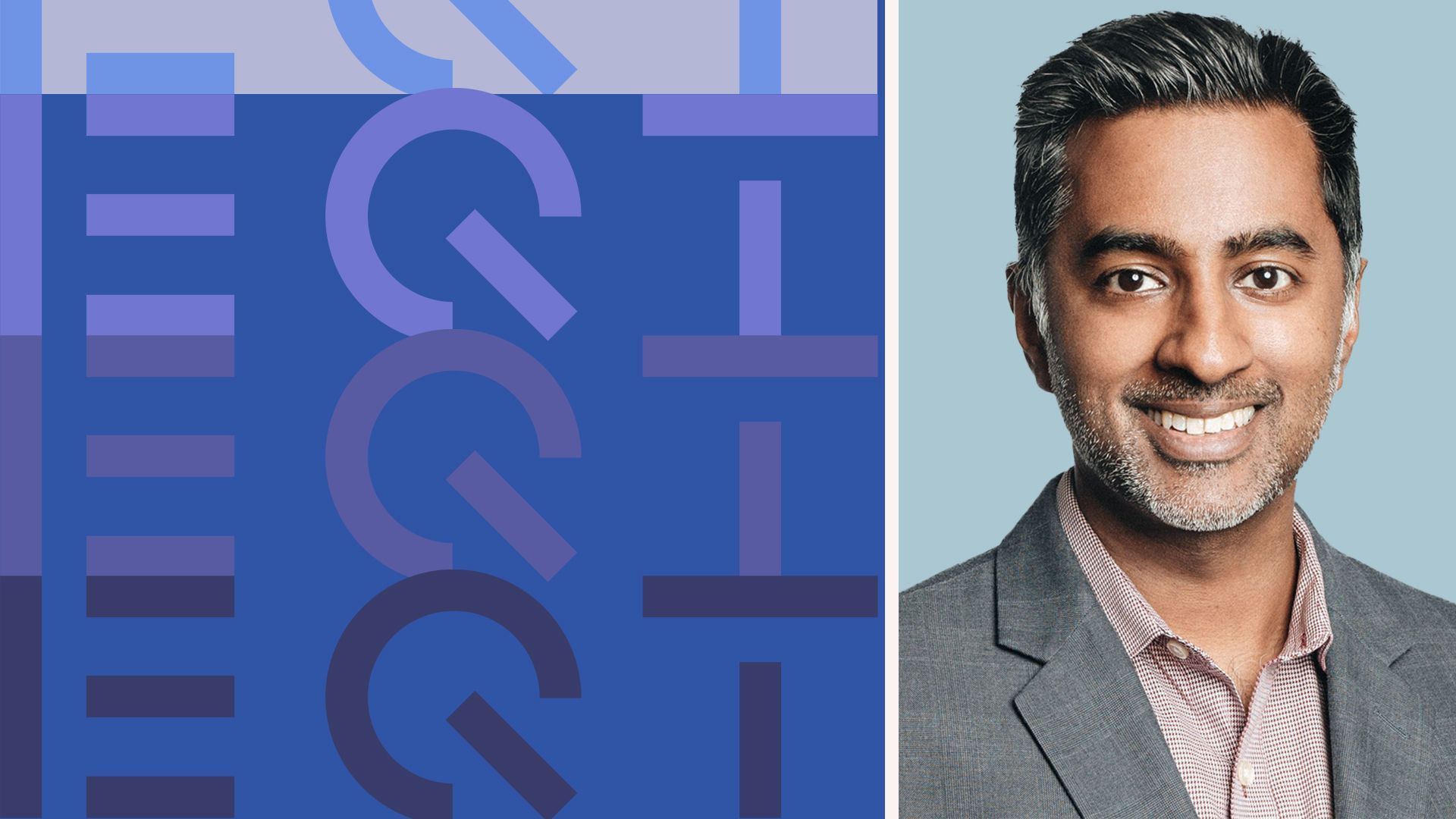 Photo illustration of Arvindh Kumar next to a pattern of EQT logos.