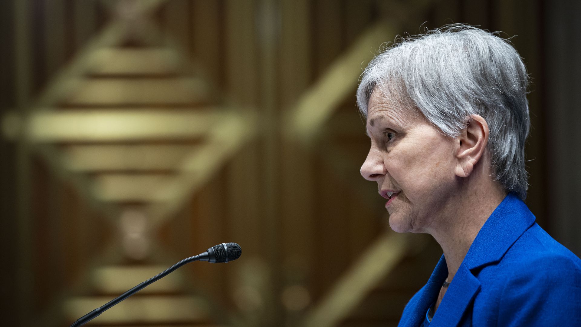 FDA Acting Commissioner Janet Woodcock speaks in front of a microphone in Congress.