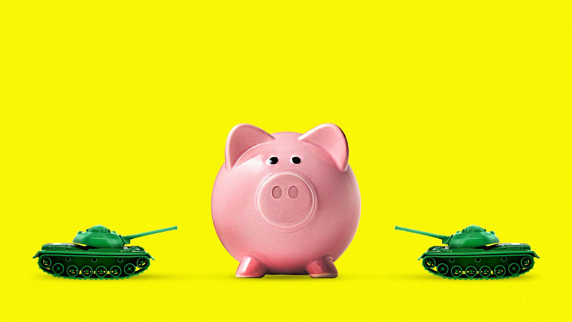 Two battle tanks taking aim at a piggy bank.