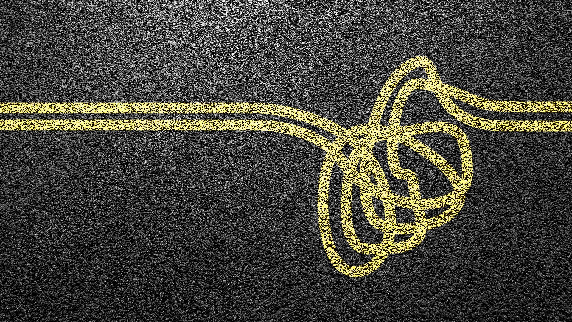 Illustration of a road with stripes in the center that are tangled