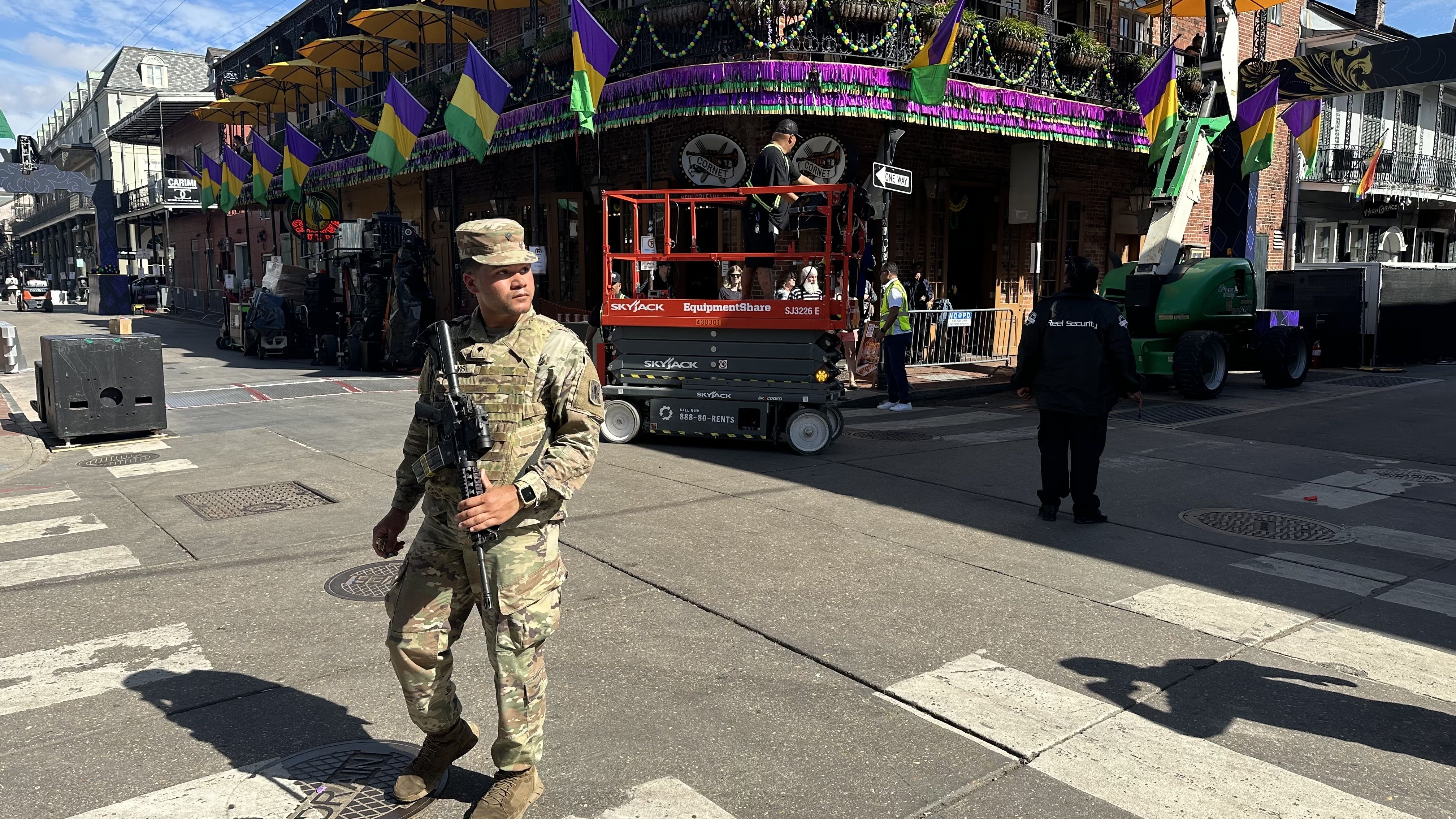 Photo shows a soldier on Bourbon Street.