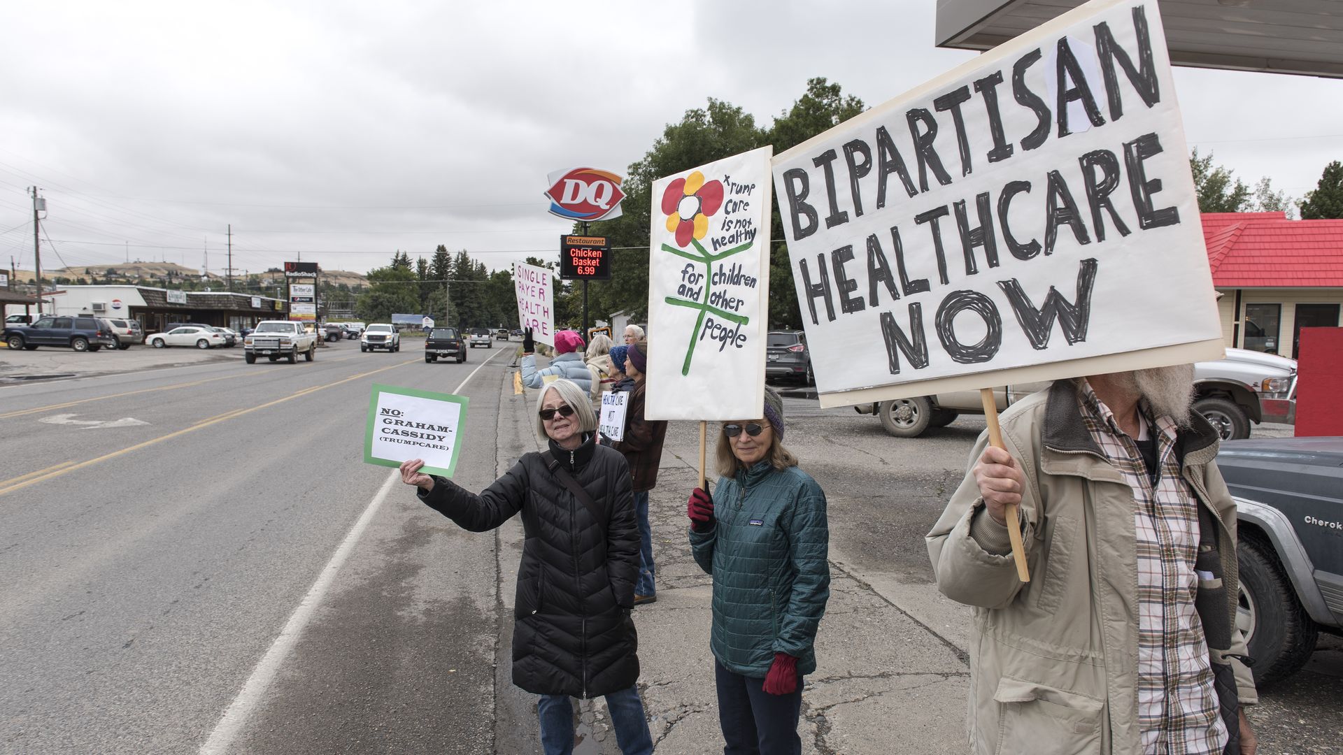 Protesters hold a small peaceful demonstration in support of health care.