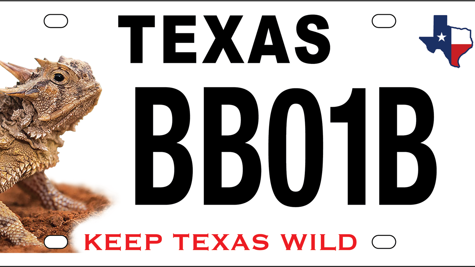 A Texas license plate featuring a photo of a horned lizard on brown ground on the left, a Texas state outline with flag colors on the top right, and red text at the bottom that says "KEEP TEXAS WILD."