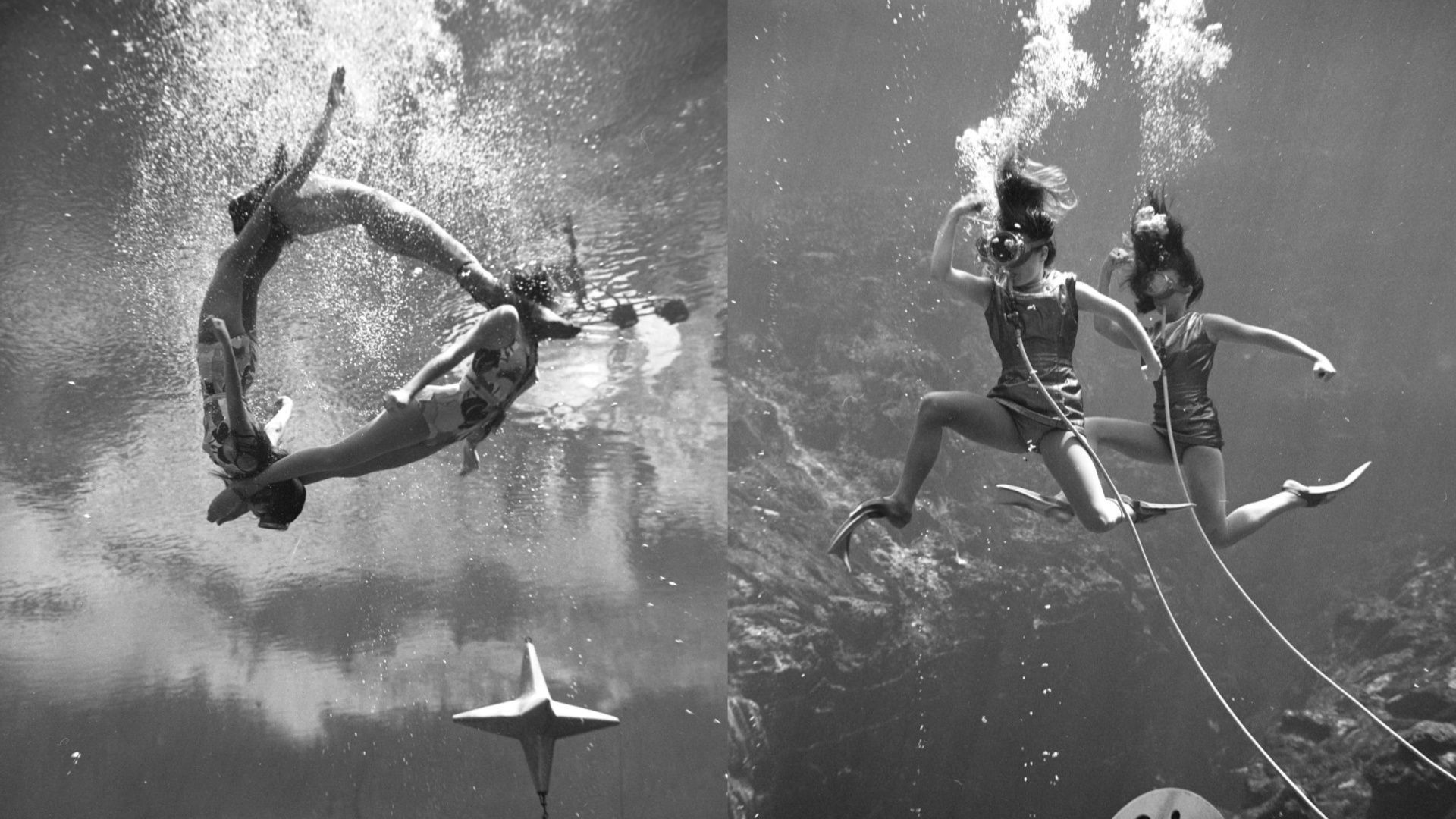 Two black-and-white images showing women in bathing suits practicing underwater dancing.