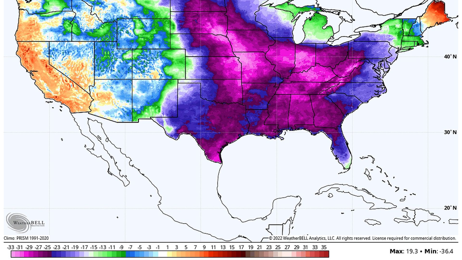  Forecast temperature departures from average on Dec. 24.