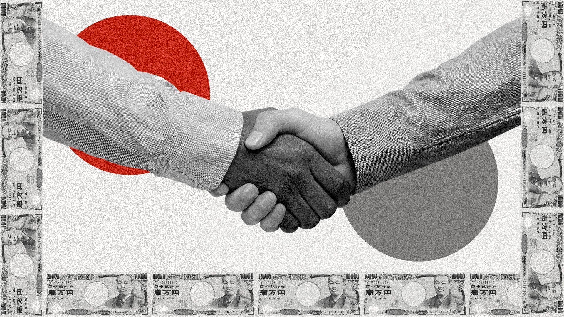 Illustration of a handshake between two people in front of a background designed with a graphic Japanese flag pattern, surrounded by a Japanese yen border.
