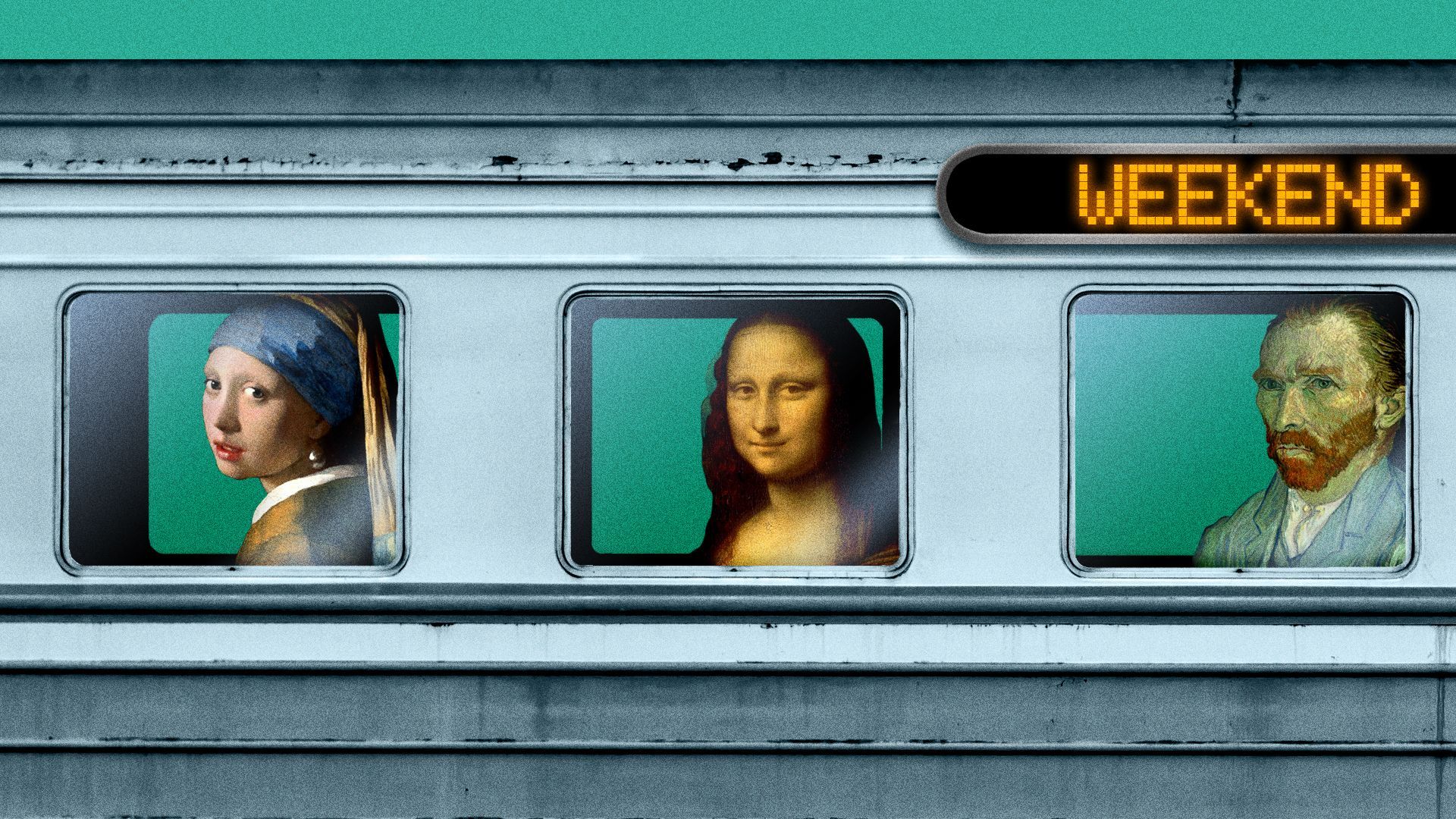 Illustration of famous paintings riding the subway. The destination says "weekend."
