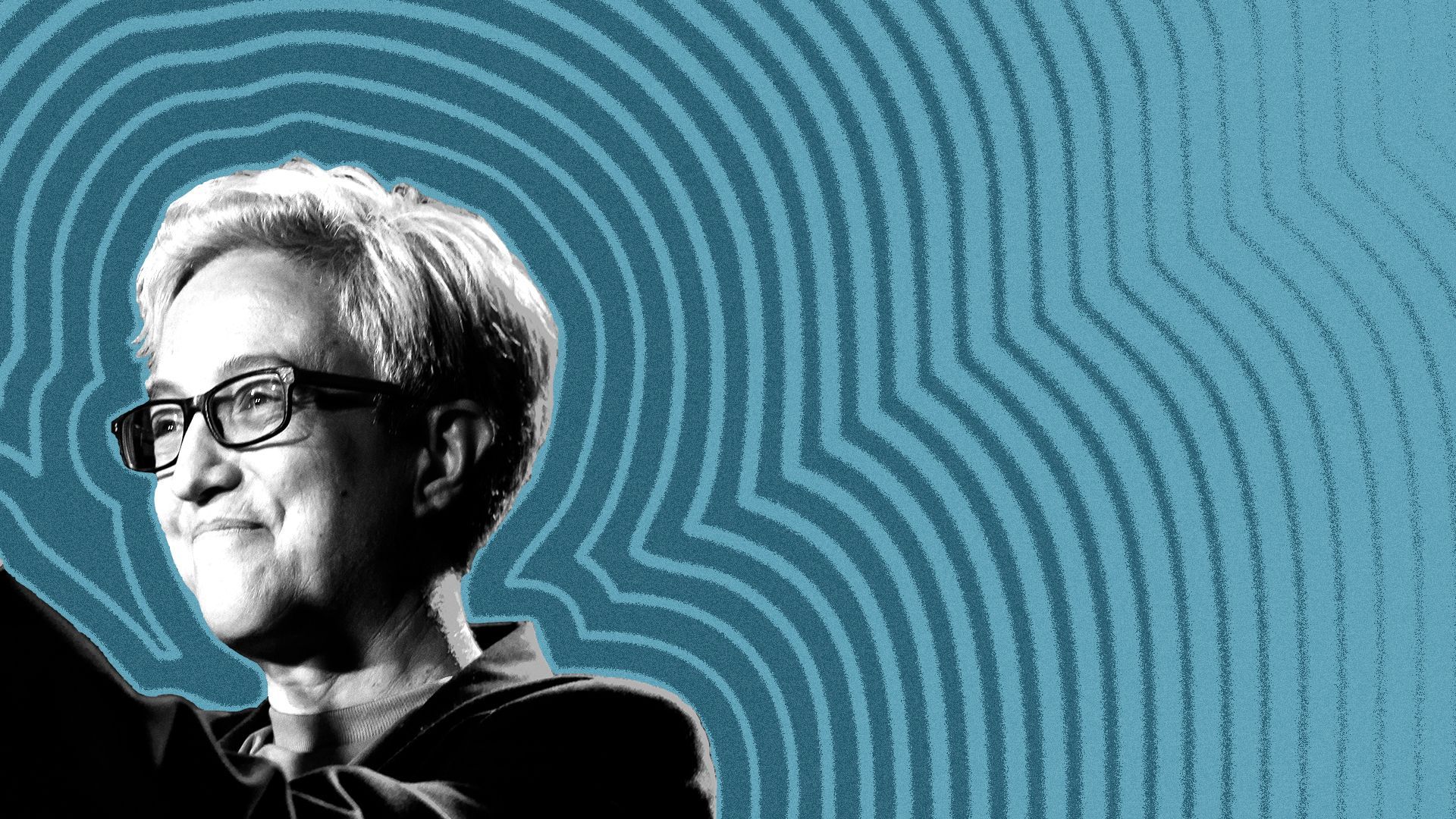 Photo illustration of Oregon Governor Tina Kotek with lines radiating from her. 