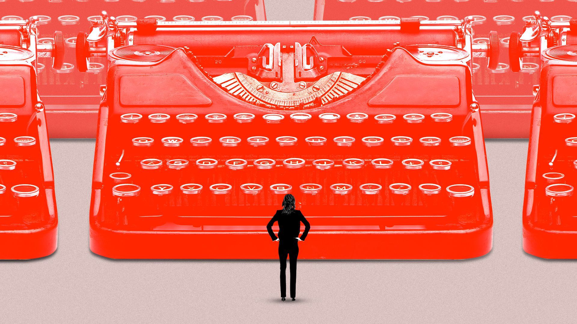 Illustration of a woman in a suit standing with her hands on her hips in front of rows of typewriters.