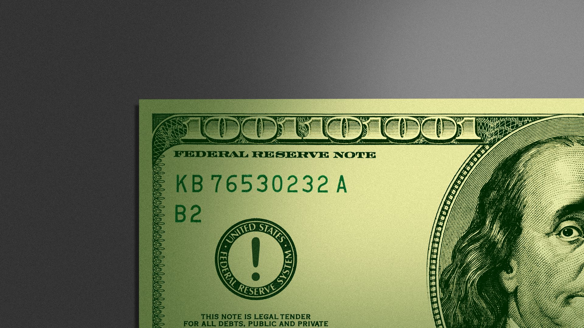 Illustration of a hundred dollar bill featuring binary code, an exclamation point, and a concerned looking Benjamin Franklin