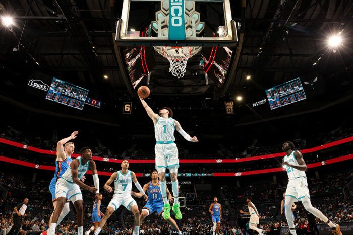 CHARLOTTE, NC - OCTOBER 15: LaMelo Ball #1 of the Charlotte Hornets grabs a rebound during the game against the Oklahoma City Thunder on October 15, 2023 at Spectrum Center in Charlotte, North Carolina. NOTE TO USER: User expressly acknowledges and agrees that, by downloading and or using this photograph, User is consenting to the terms and conditions of the Getty Images License Agreement. Mandatory Copyright Notice: Copyright 2023 NBAE (Photo by Kent Smith/NBAE via Getty Images)