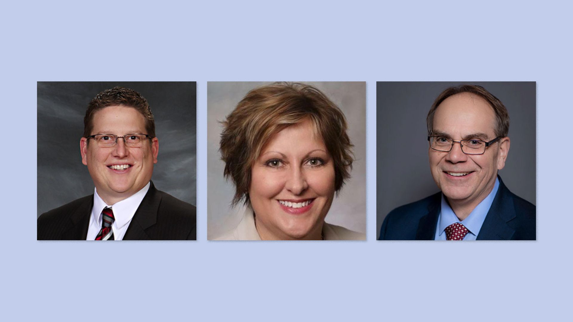 Three headshots of Des Moines city manager Scott Sanders, city clerk Kay Cmelik and city attorney Jeff Lester.