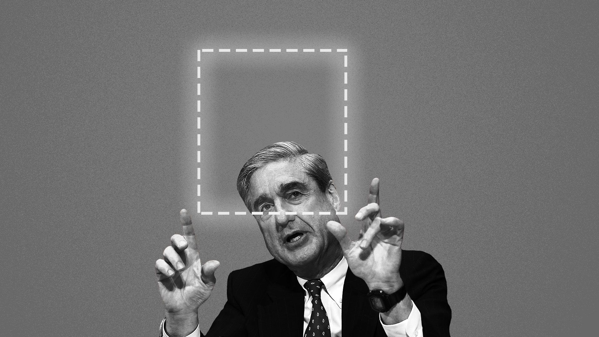 Illustration of Robert Mueller holding up his hands and framing an outlined rectangle. 