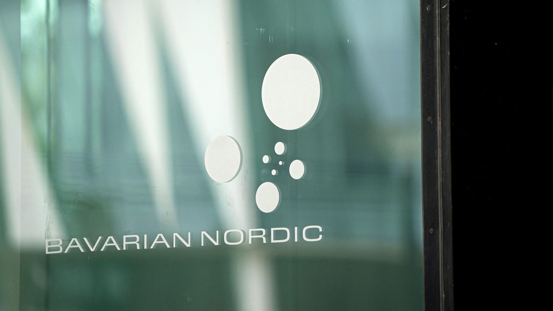 A photo taken on July 13, 2020 shows the company's logo on the headquarters of Danish biotechnology company Bavarian Nordic in Hellerup,