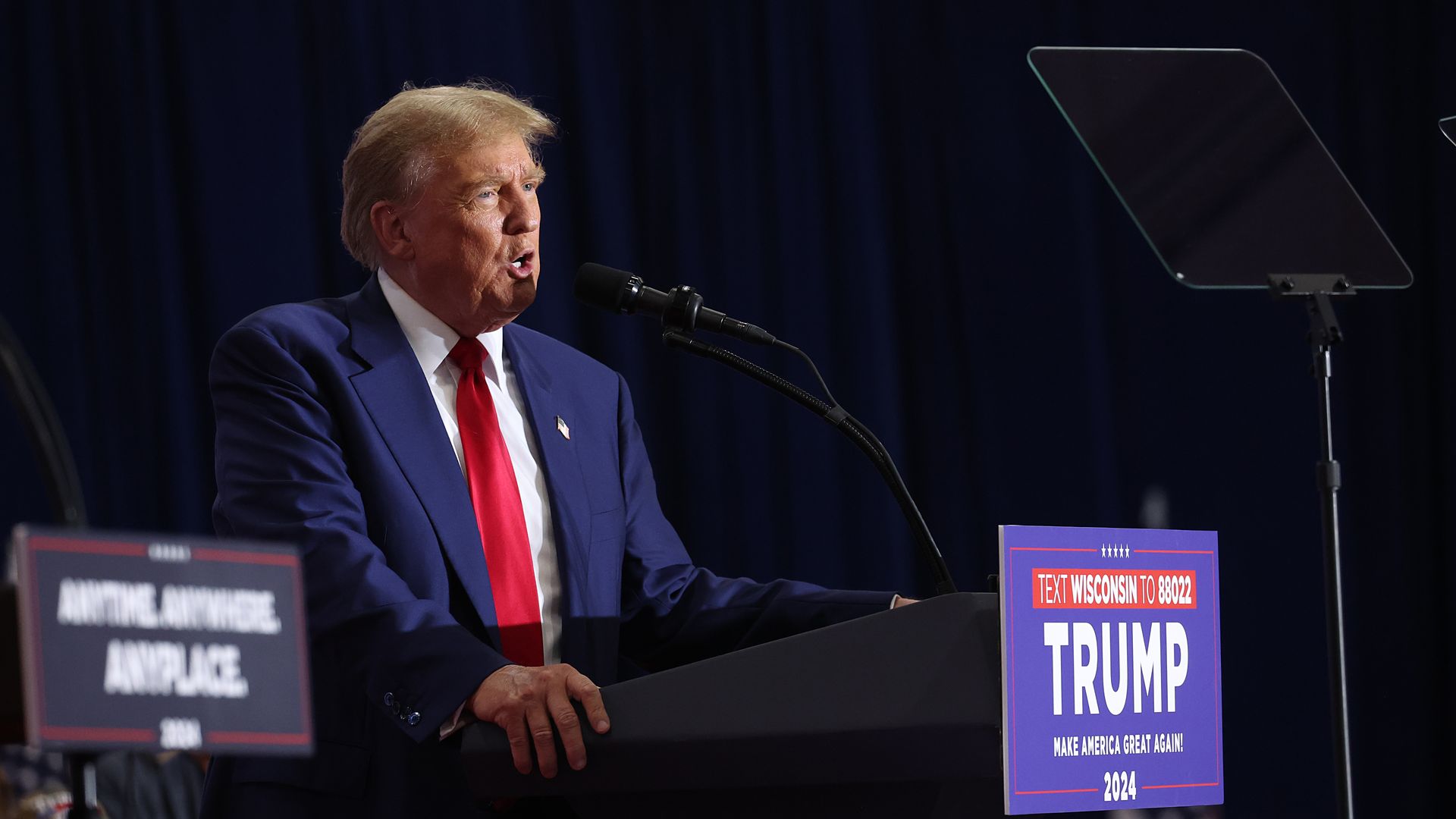 Former President Donald Trump speaks to guests at a rally on April 02, 2024 in Green Bay, Wisconsin.