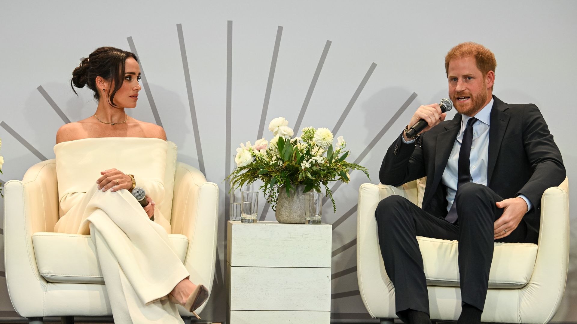 Meghan Markle and Prince Harry speak onstage at The Archewell Foundation Parents' Summit during Project Healthy Minds' World Mental Health Day Festival 2023. Photo: Bryan Bedder/Getty Images for Project Healthy Minds