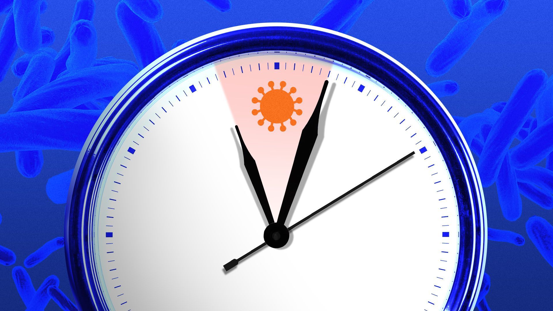 Illustration of a clock with covid virus at midnight, with tuberculosis cells in the background
