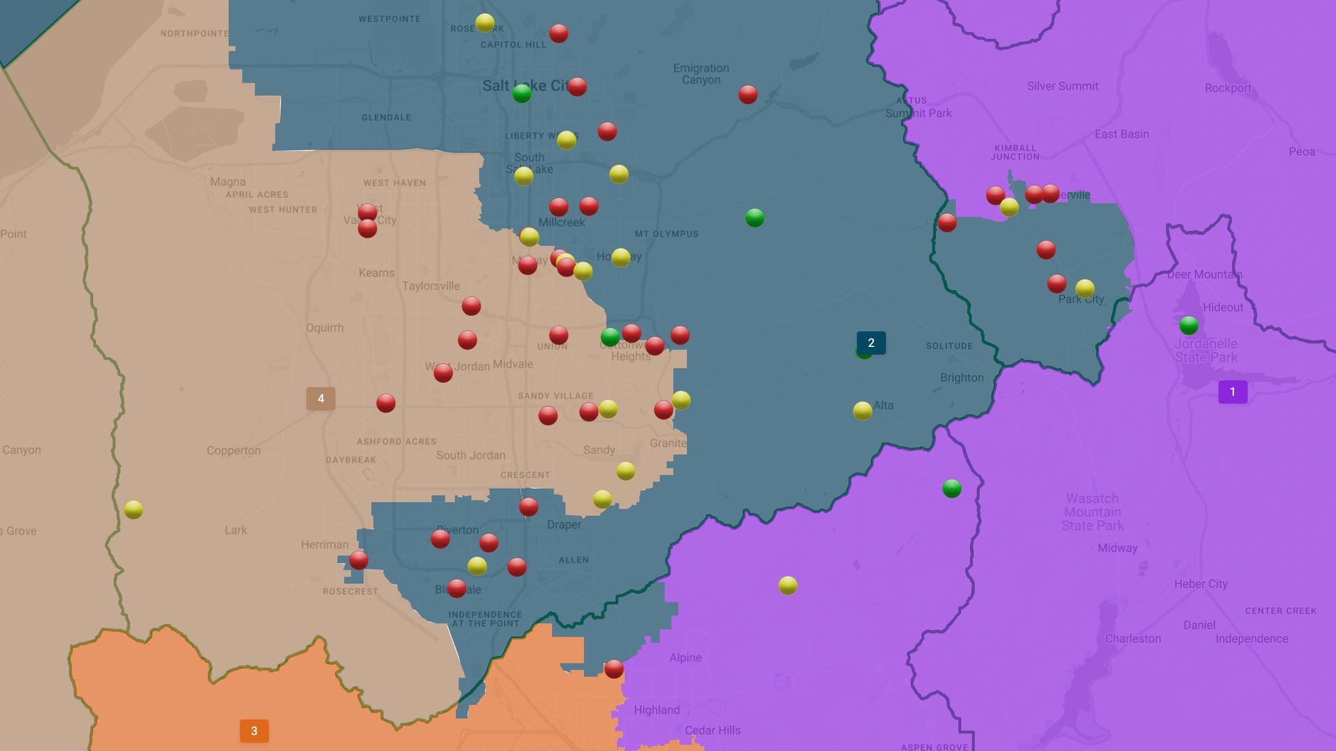 A map shows Salt Lake County divided into two possible Congressional districts. 