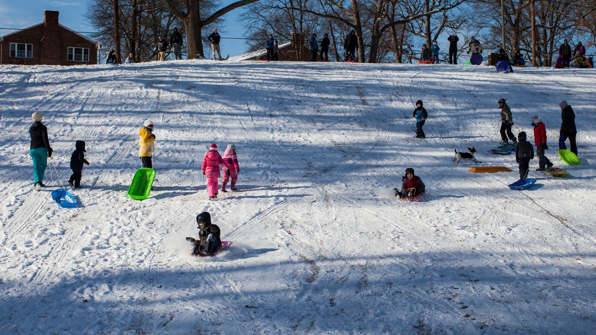 Families gather at Forest Hill Park for a morning of sledding on Wednesday, January 29, 2014 in Richmond, Virginia. A rare winter storm has brought ice and snow across the southern states closing schools and stranding motorists.(Photo by Zach Gibson/Getty Images)
